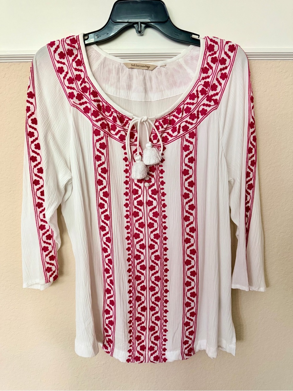 Soft Surroundings White Peasant Blouse with Pink Embroidery